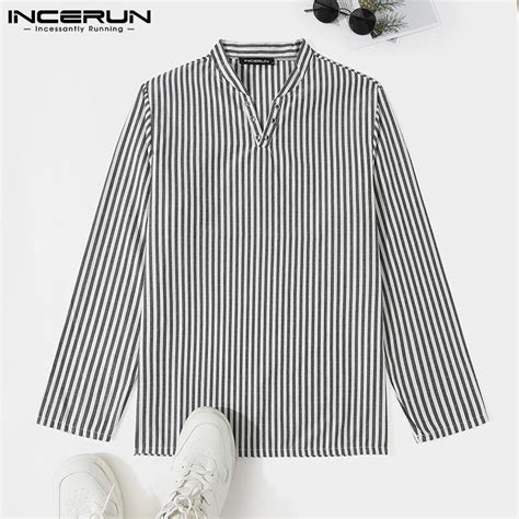 Buy Incerun Mens V Neck Long Sleeve Striped Shirt Casual Fitted Blouse
