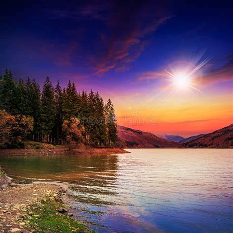 Autumn Mountain Lake In Coniferous Forest At Sunset Stock Image Image