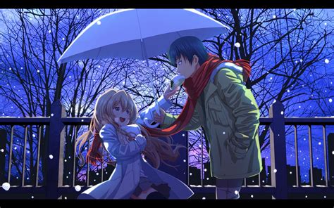 anime couple snow winter toradora aisaka taiga takasu ryuuji wallpapers hd desktop and