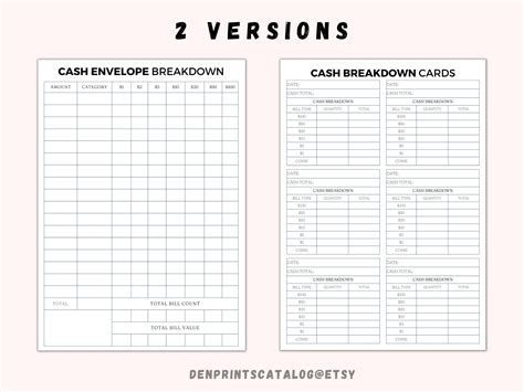 Cash Breakdown Count Sheet Printable Cash Breakdown Cards Cash