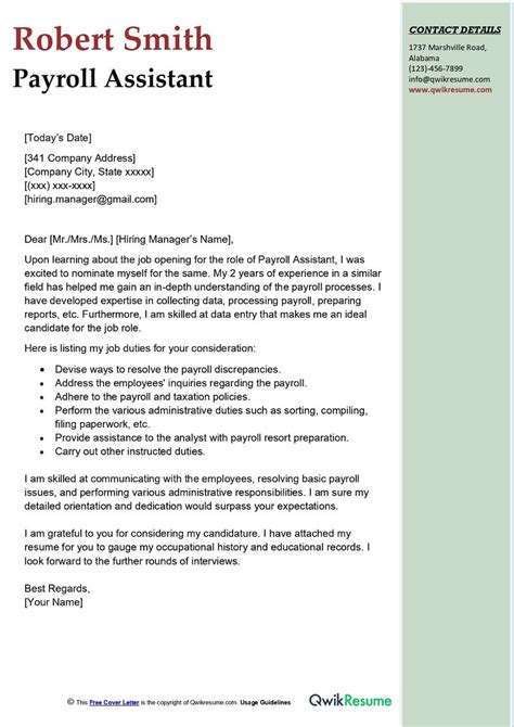 payroll assistant cover letter examples qwikresume