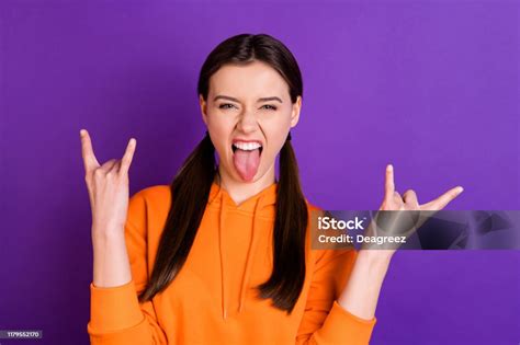 Close Up Photo Of Funky Funny Foolish Crazy Teen Girl Show Horned Sign Scream With Tongueout