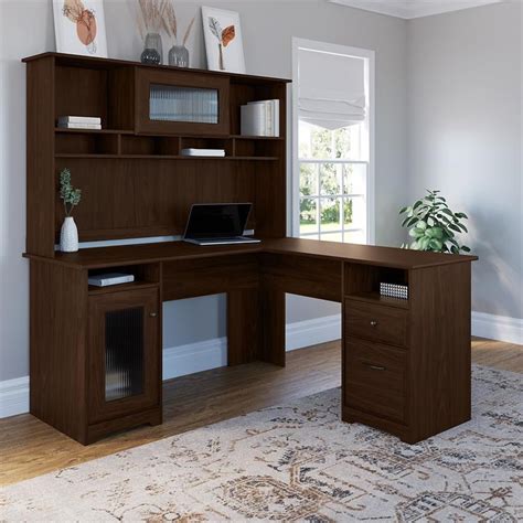 Cabot 60w L Shaped Computer Desk With Hutch In Modern Walnut