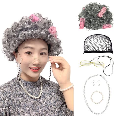 old lady costume for women grandma wig old lady wig granny cosplay wig with hair