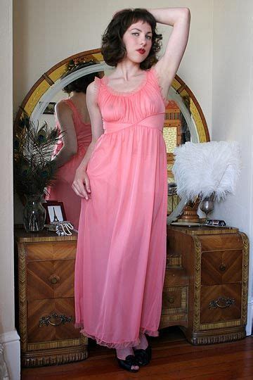 On Dollhouse Bettie 50s Vintage Carters Sheer Coral Chiffon Nightgown Night Gown Dress Night