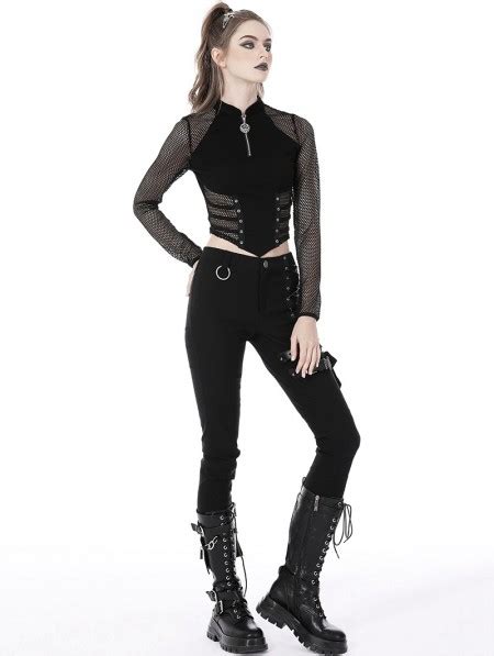 Dark In Love Black Gothic Punk Sexy Net Long Sleeve Wrap Top For Women