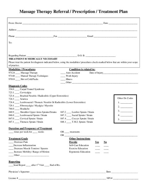 massage therapy referral prescription treatment plan fill and sign printable template
