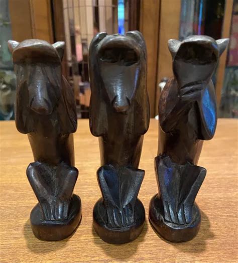 Vintage Hand Carved Wooden Wise Monkeys See No Evil Speak No Evil Hear