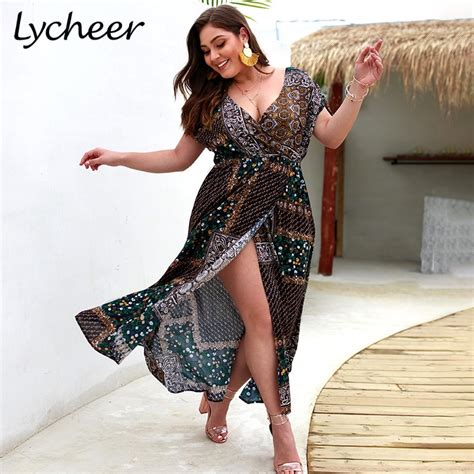Lycheer Plus Size Sexy Boho Print Women Summer Long Maxi