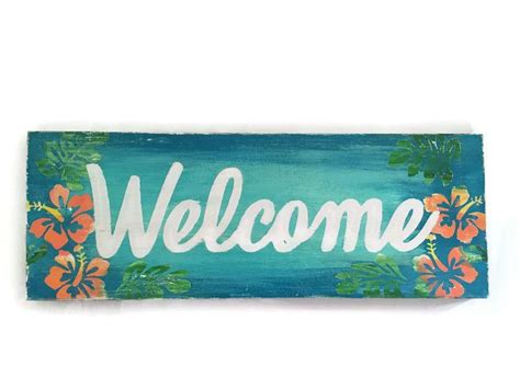 Tropical Welcome Sign With Colorful Hibiscus Flowers Sea 2 Land