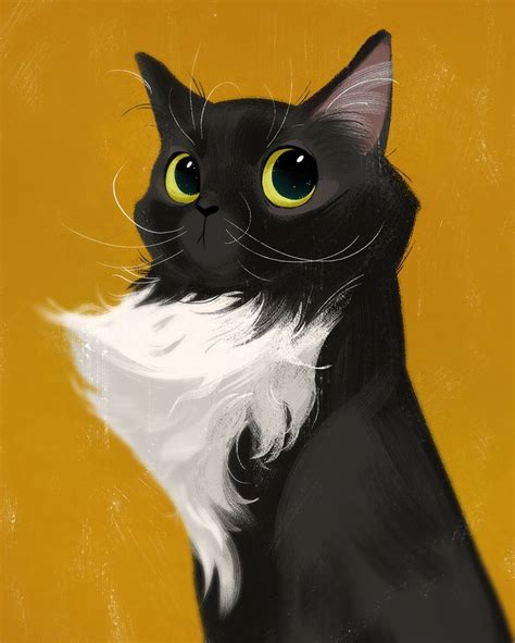A Painting Of A Black Cat With White Fur And Green Eyes On A Yellow