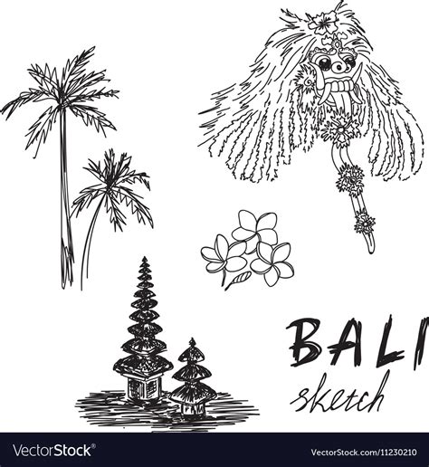 Bali Sketch Temple Barong Palms Frangipani Vector Image