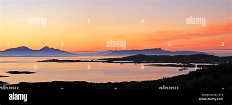 Uk Scotland Highland Sea Of Hebrides Sunset Over The Islands Of Rum And
