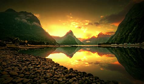 New Zealand Mountains Rocks Reflection River Sunset Wallpapers Hd