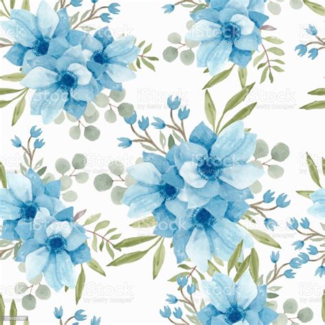 Blue Floral Seamless Pattern Watercolor Hand Painted Stock Illustration