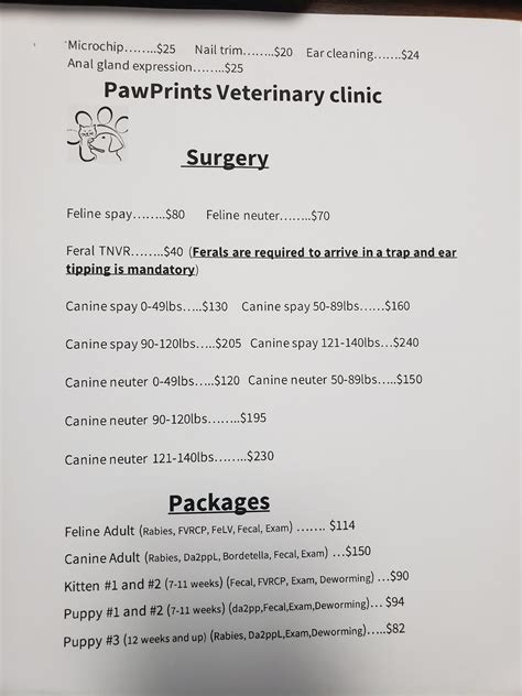 Price list January 2023 - Paw Prints Veterinary Clinic