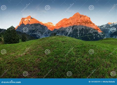 Amazing Swiss Alpine Mountain Landscape Green Fields And High