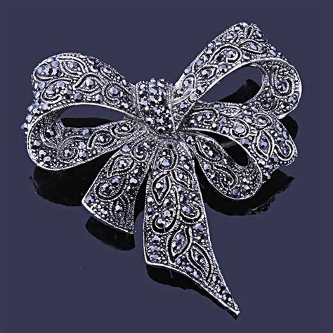 New Arrival Vintage Rhinestone Bow Brooches For Women Black Bowknot