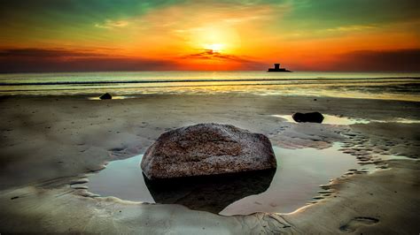X Beach Stone Rock Seashore Clouds Sunet X Resolution HD K Wallpapers Images