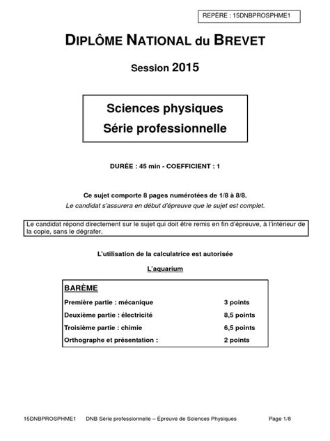 Épreuve De Physique Chimie Pour La Série Professionnelle Du Brevet