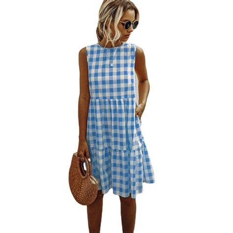 Women S Blue White Gingham Plaid Summer Dress Cool Light Etsy