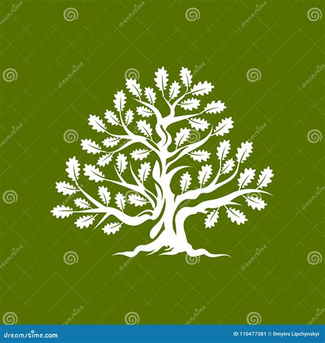 Huge And Sacred Oak Tree Silhouette Logo Badge Isolated On Green