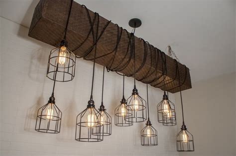Large Wood Beam Chandelier 10 Pendant Lighting Fixture With Cages