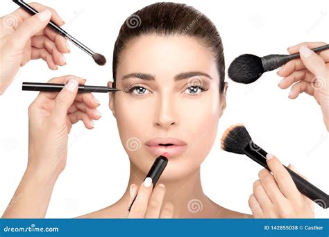 Beauty And Cosmetics Concept Beautiful Face Makeup Process Stock