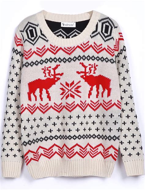Beige Long Sleeve Deer Print Christmas Xmas Warm Nicest Loose Pullovers