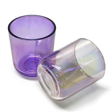China Custom Iridescent Scented Pink Or Purple Colored Glass Candle Jar With Curved Bottom