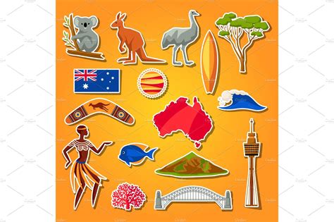 Australia Icons Set Australian Traditional Sticker Symbols And Objects