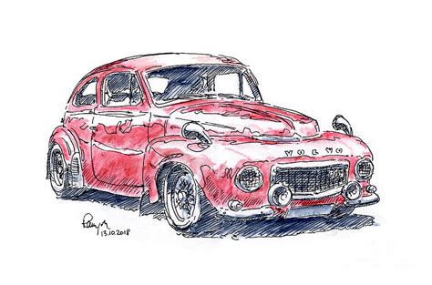 Volvo PV 544 Classic Car Ink Drawing And Watercolor Drawing By Frank