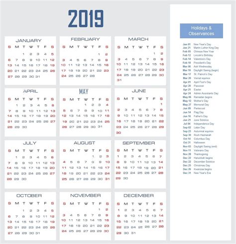 2019 Vertical Calendar With Holidays 2019calendar 2019holidays Usa