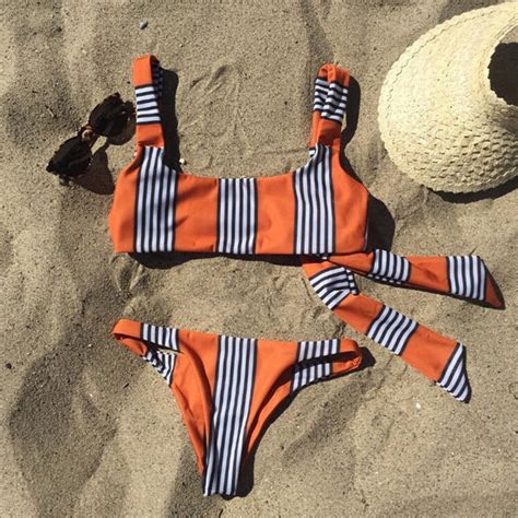 Women Lady Swimwear Sexy Bandage Bikini Sets Striped Push Up Padded Bra