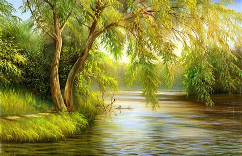 Painting Nature Green Canvas Tree Birds Hd Wallpaper