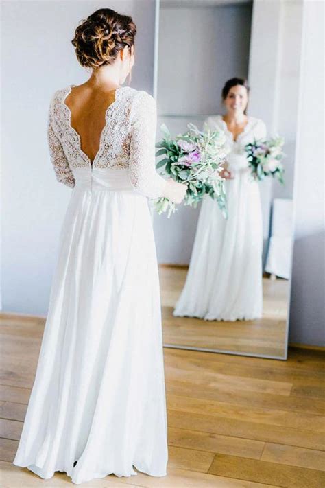 Simple Lace Appliques V Neck Long Sleeves Beach Wedding Dresses