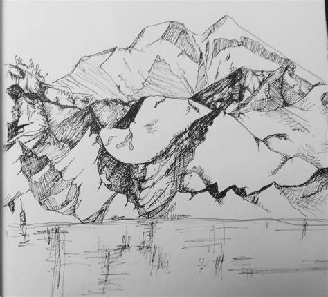 Pen And Ink Landscape Drawing Mountains Art Sketch Water Lake