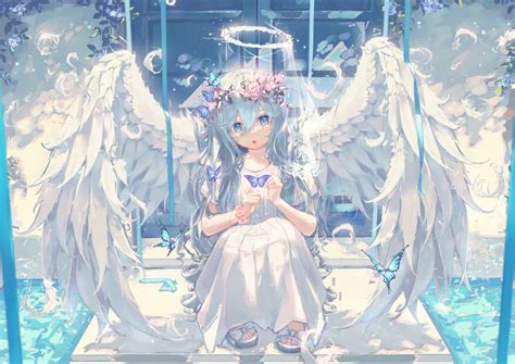 Safebooru 1girl O Absurdres Angel Angel Wings Blue Butterfly Blue Eyes Blue Flower Blue Hair