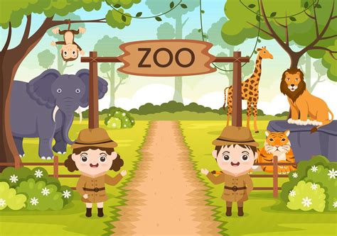 Zoo Cartoon Illustration With Safari Animals Elephant Giraffe Lion