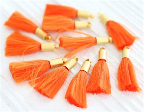 2pc orange tassel, mini tassels with gold cap, tassel pendant, earrings tassel, bracelet tassel ...