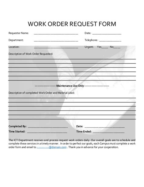 Work order for engineering fabrication format excel word. Workorder request form