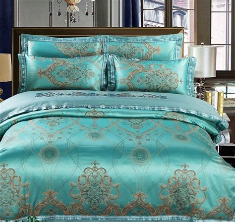 4pc Luxury Palace Aqua Blue Jacquard Satin Cotton Bedding Duvet Cover