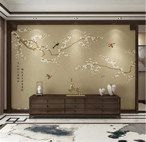 Chinoiserie Mural Plum Blossom Tree Wallpaper Flying Birds Etsy