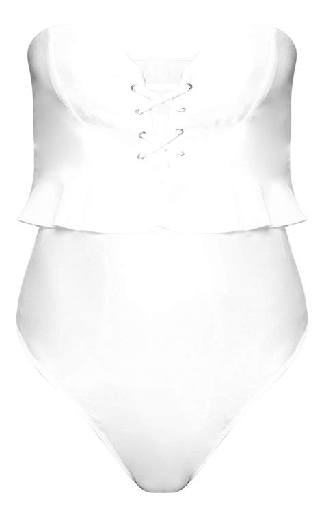 white bandeau lace up frill detail swimsuit prettylittlething aus