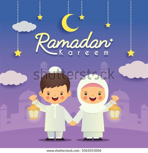 Vektor Stok Kartu Ucapan Ramadhan Lucu Kartun Muslim Tanpa Royalti
