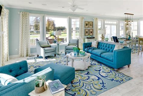 White And Blue Turquoise Living Room With Blue Tufted Sofa