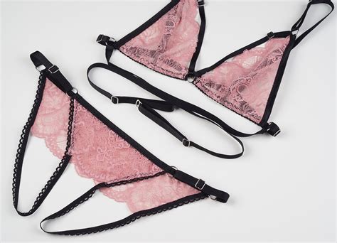 Marlena Pink Lingerie Set With Strappy Bralette And Ouvert Panties