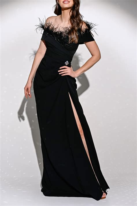 Athena Black Evening Dress Trimmed With Feathers Rhea Costa Shop