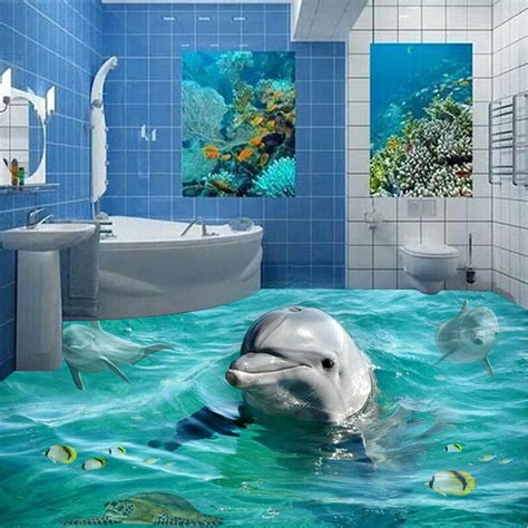 Custom Photo Floor Wallpaper Cute Dolphin Bathroom Floor Self Adhesive