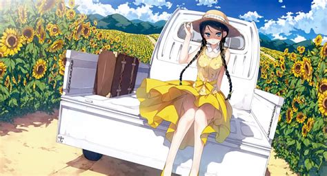 Original Anime Girl Sunflower Sunshine Sunlight Yellow